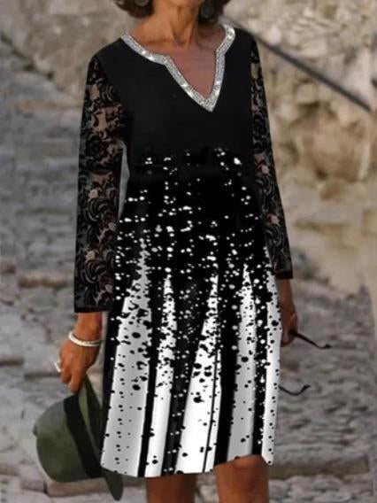 Women's V-neck Long Sleeve Printed Midi Dress