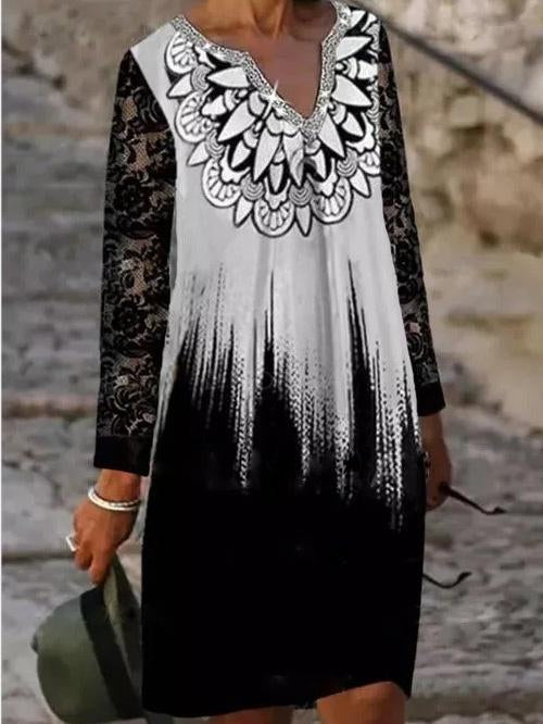Women's V-neck Long Sleeve Printed Midi Dress