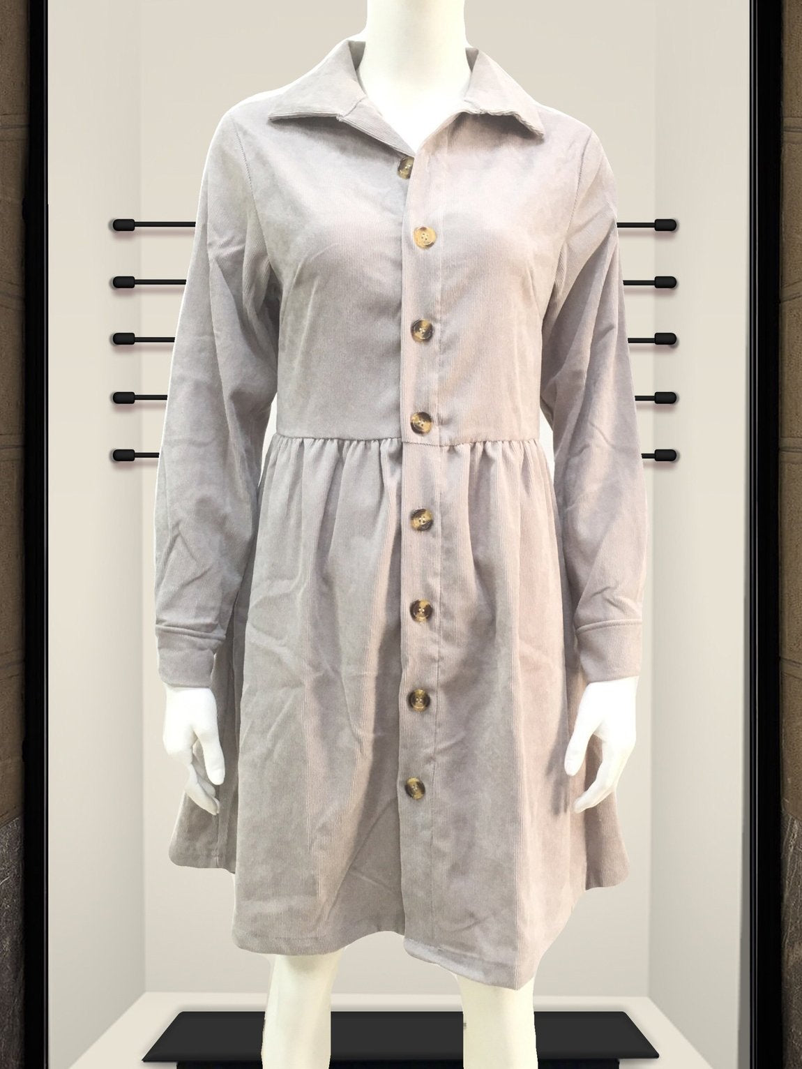 Women Long Sleeve V-neck Button Midi Dress