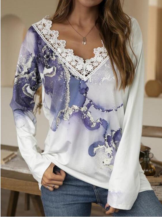 Women Long Sleeve V-neck Lace Printed Top
