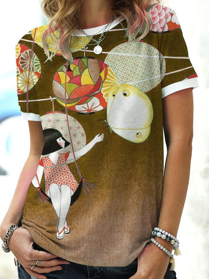 Women's Fashion Short Sleeve Graphic Print Stitching T-shirt