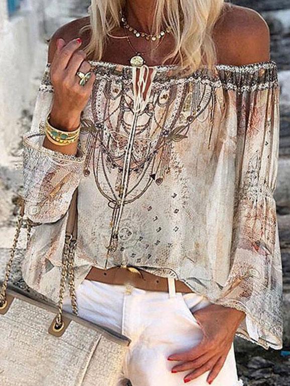 Women's Fashion Print Off-shoulder Top With Flared Sleeves