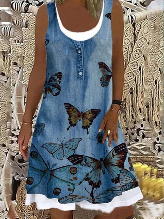 Women's Loose Fashion Floral Printed Stitching Sleeveless Midi Dress