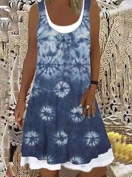 Women's Loose Fashion Floral Printed Stitching Sleeveless Midi Dress