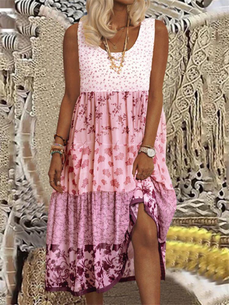 Women's Loose Fashion Floral Printed Graphic Sleeveless Midi Dress