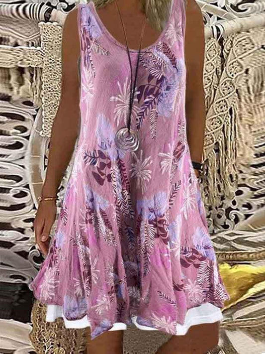 Women's Loose Floral Printed Graphic Stitching Round Collar Sleeveless Midi Dress