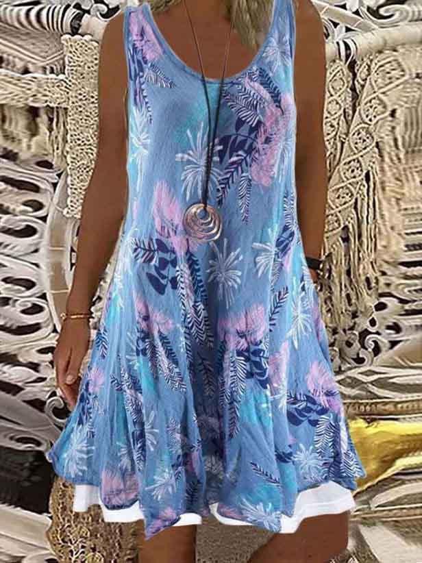 Women's Loose Floral Printed Graphic Stitching Round Collar Sleeveless Midi Dress