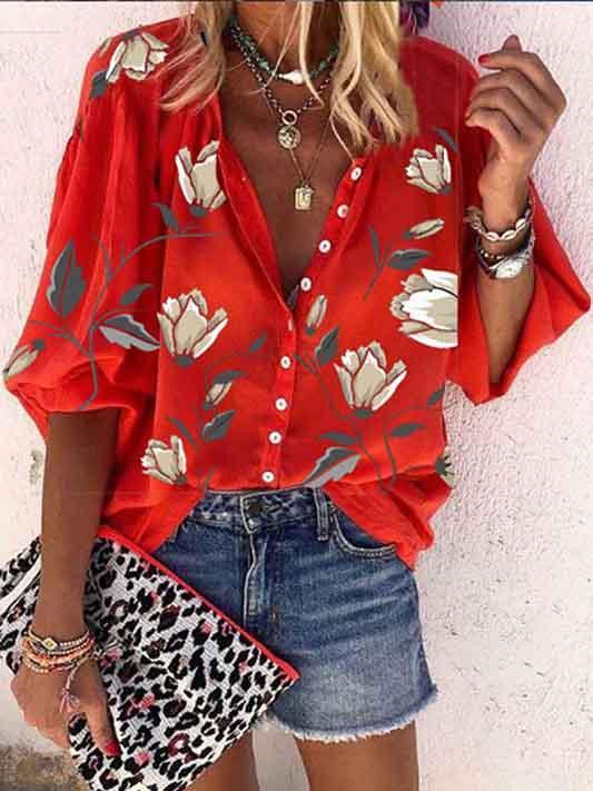 Women's Loose Half Sleeve V-neck Graphic Floral Printed T-shirt