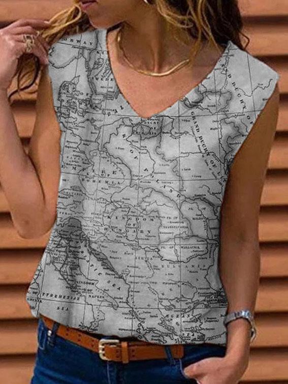 Women's Loose Fashion V-neck Sleeveless Floral Printed Graphic T-shirt