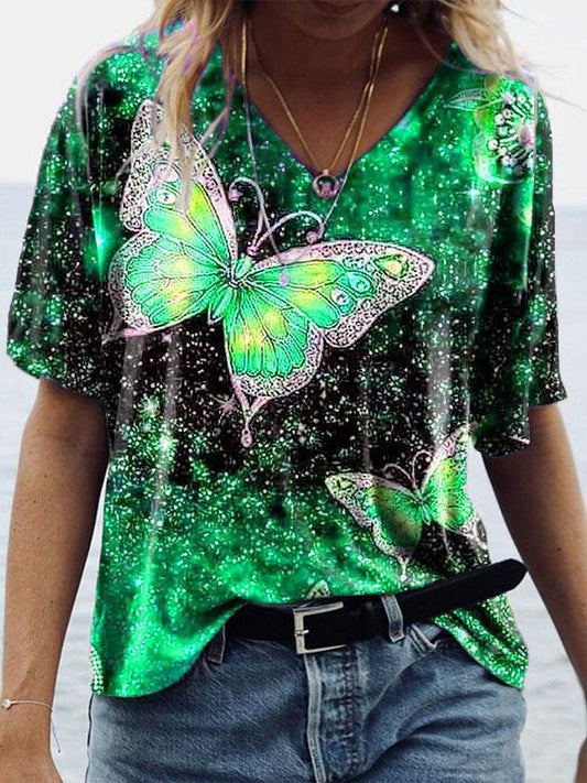 Women's Loose Fashion Round Collar Short Sleeve Floral Printed Graphic T-shirt