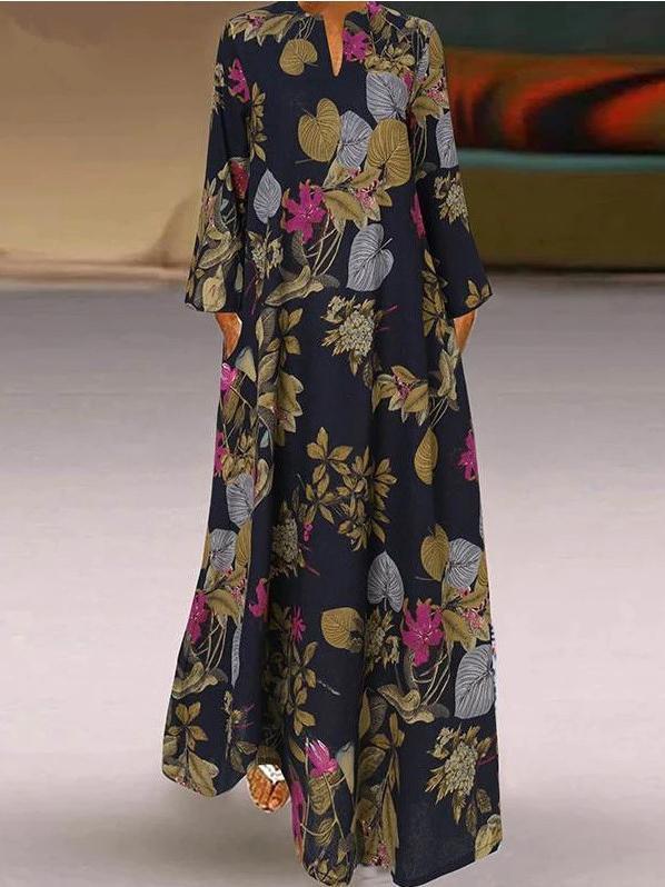 Ladies'V-neck Long Sleeve Floral Printed Maxi Dress