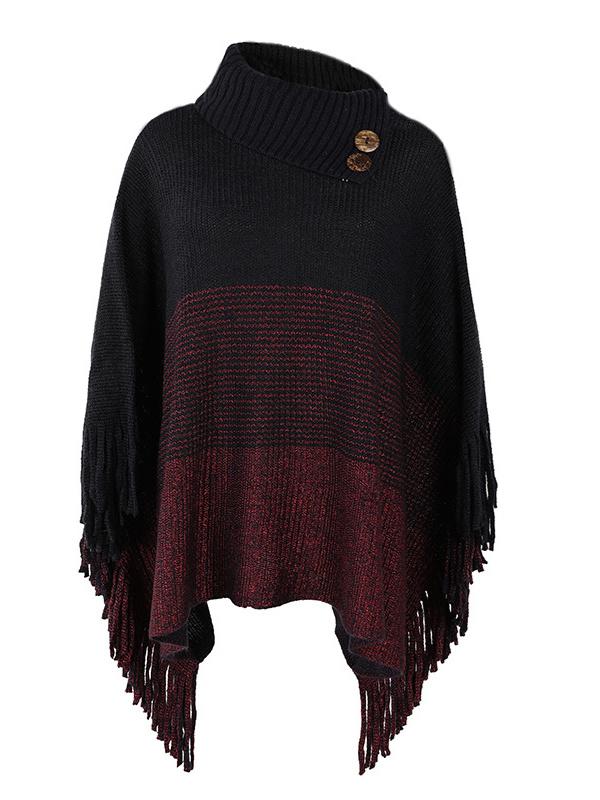 Women's Scoop Neck 3/4 Sleeve Knit Shawl Fringed Hem Colorblock Sweater Top
