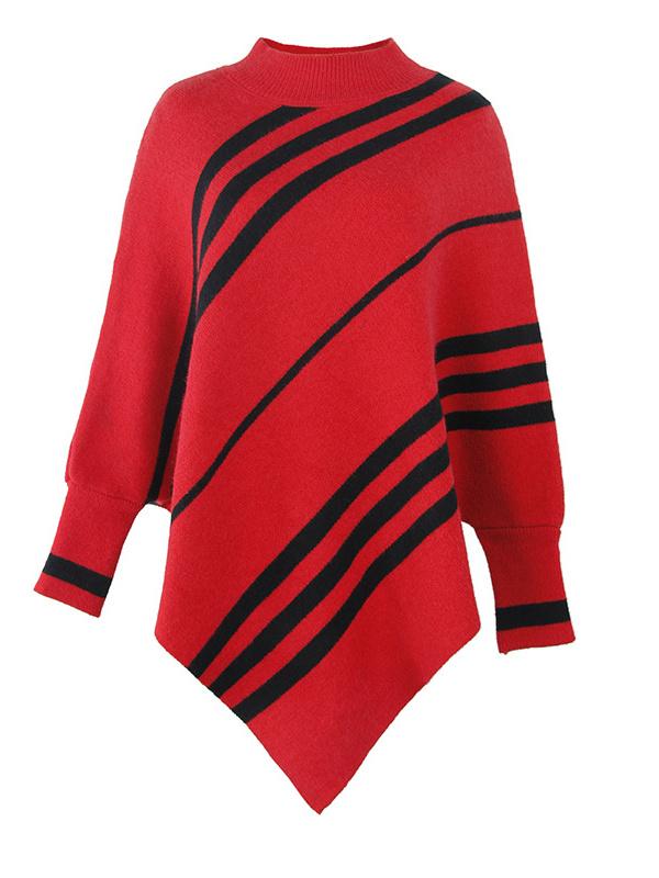Women's Scoop Neck Long Sleeve Knit Shawl Striped Sweater Top