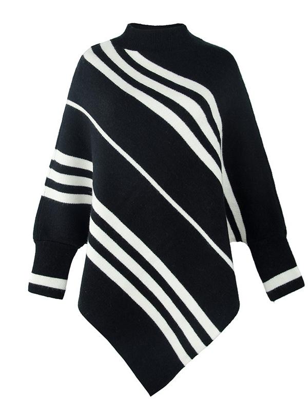 Women's Scoop Neck Long Sleeve Knit Shawl Striped Sweater Top