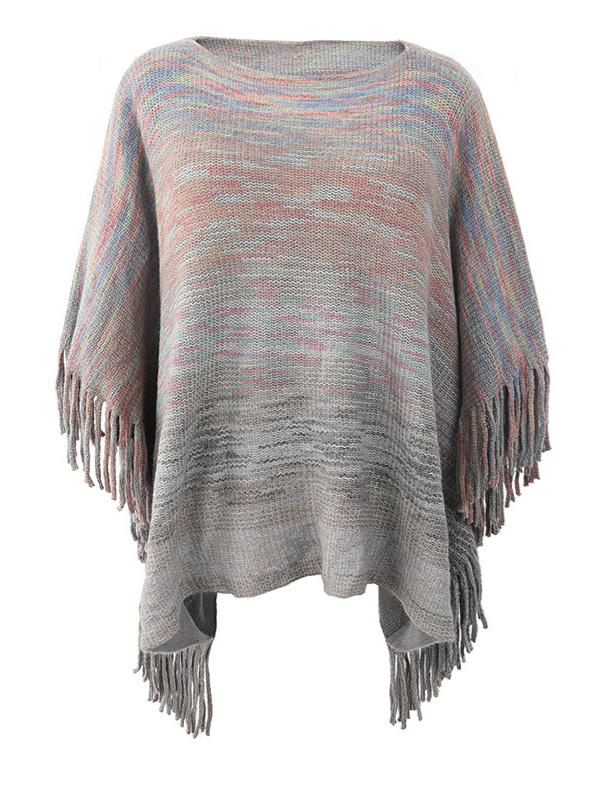 Women's Scoop Neck 3/4 Sleeve Knit Shawl Fringed Hem Striped Sweater Top
