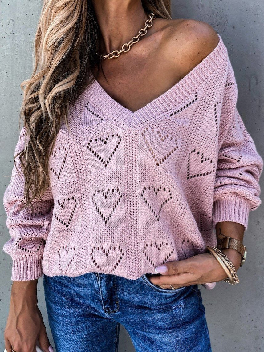 Women's Solid v-neck Heart-Shaped Graphic Loose Knit Sweater Top