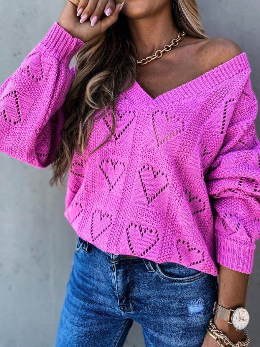 Women's Solid v-neck Heart-Shaped Graphic Loose Knit Sweater Top