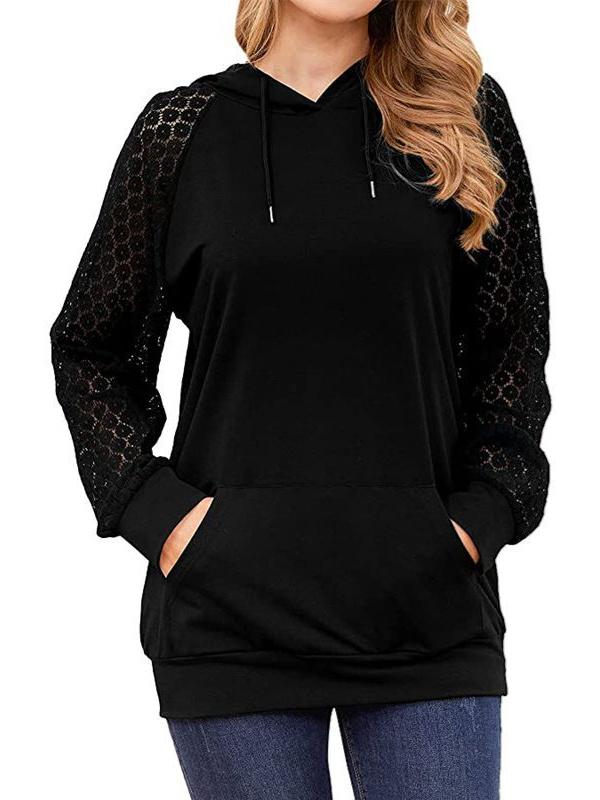 Women's Hooded Drawstring Stitching Lace Long Sleeve Hoodie Top