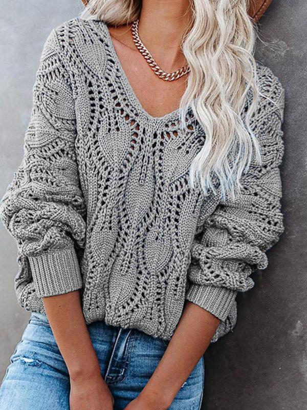 Women's Casual Solid Color V-neck Knit Long-Sleeve Pullover Sweater Top