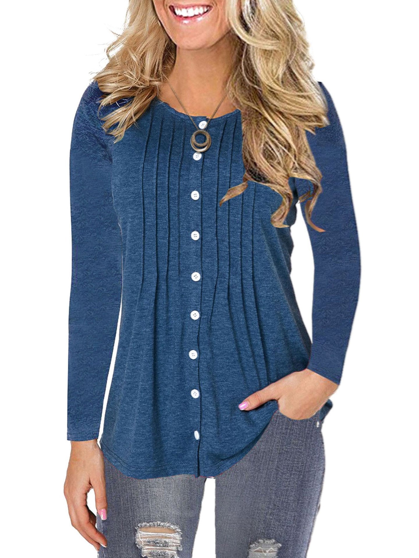 Women's Round Collar Solid Color Casual Long Sleeve Top