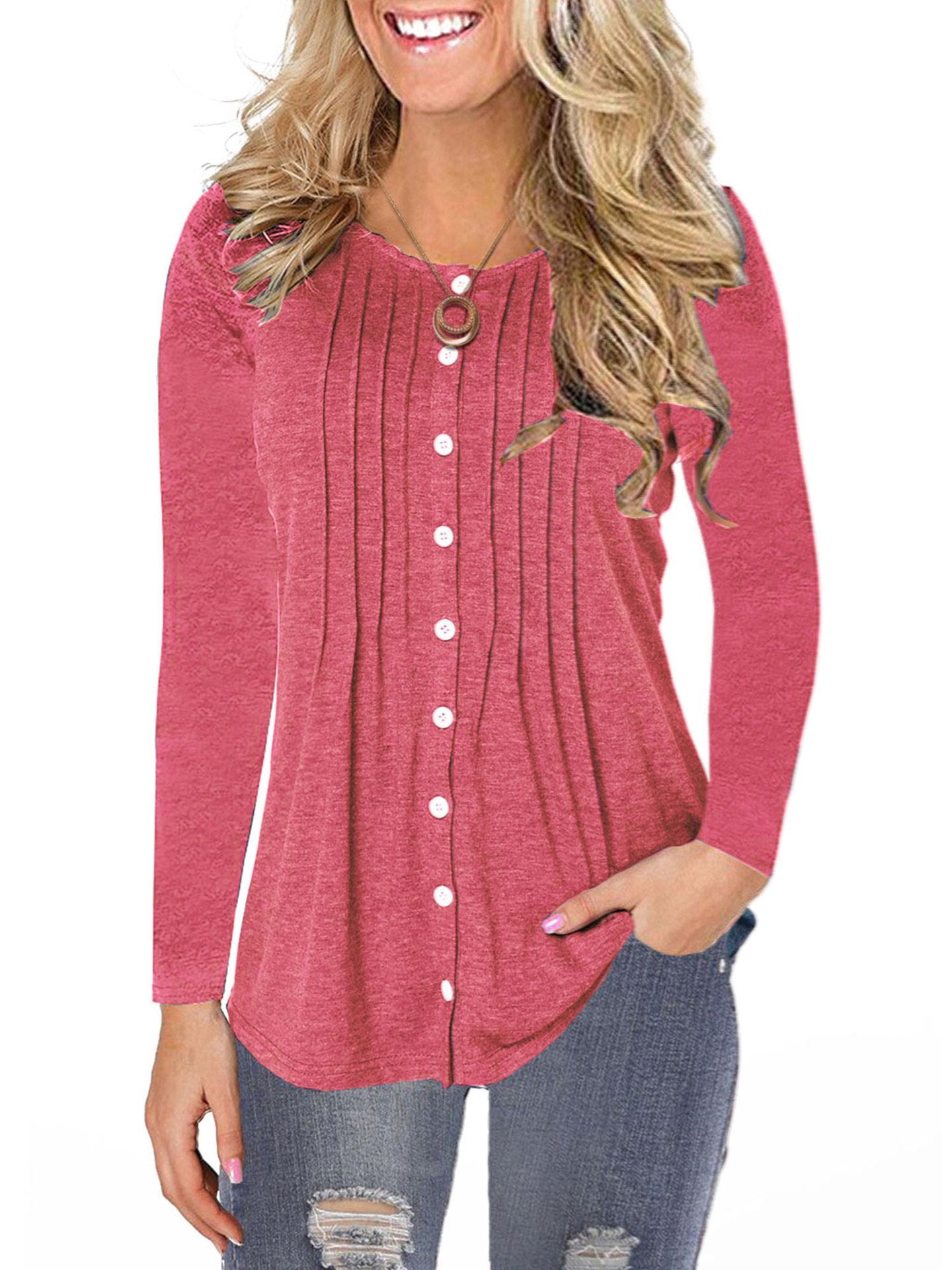 Women's Round Collar Solid Color Casual Long Sleeve Top