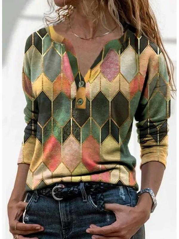 Women's Long Sleeve V-neck Colorblock Printed Top
