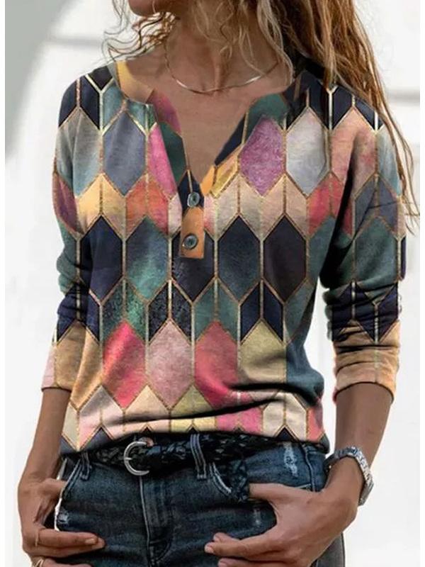 Women's Long Sleeve V-neck Colorblock Printed Top