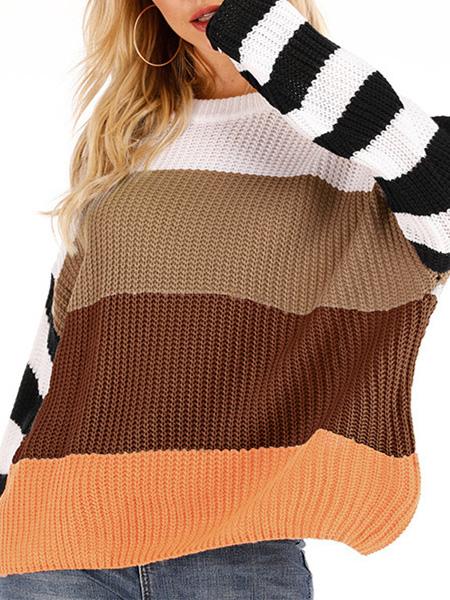 Women's Long Sleeve Scoop Neck Striped Stitching Loose Sweater Top