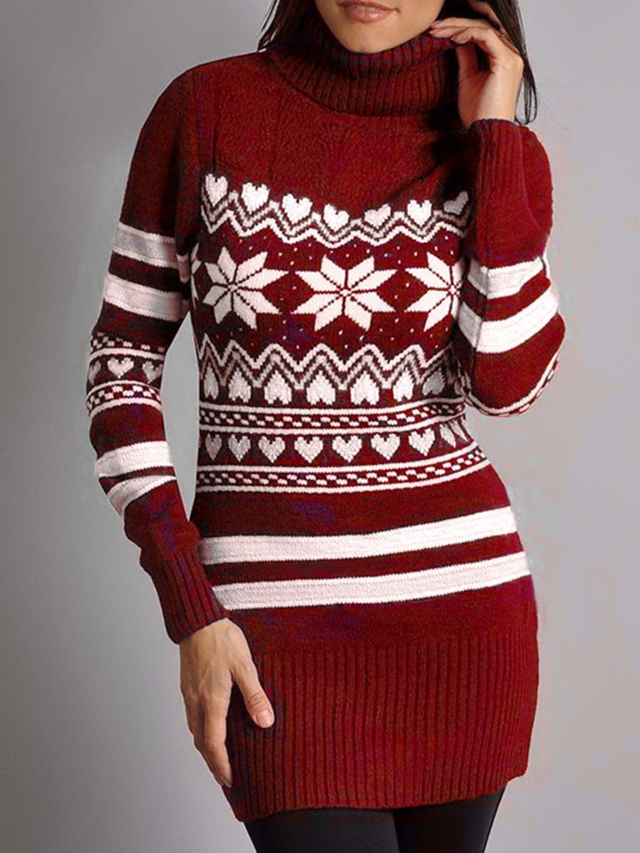 Women's Long Sleeve Turtle Neck Graphic Printed Sweater Midi Dress