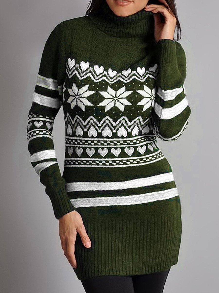 Women's Long Sleeve Turtle Neck Graphic Printed Sweater Midi Dress