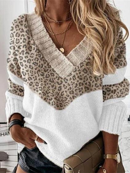 Women's Long Sleeve V-neck Striped Stitching Sweater Top