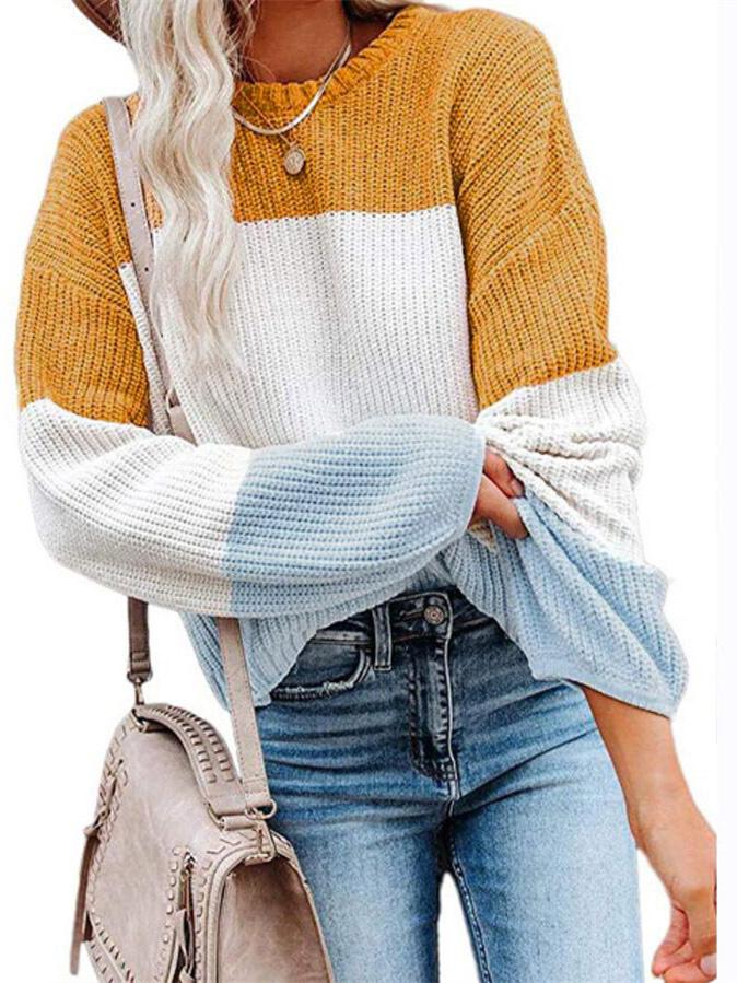 Women's Long Sleeve Scoop Neck Striped Stitching Sweater Top