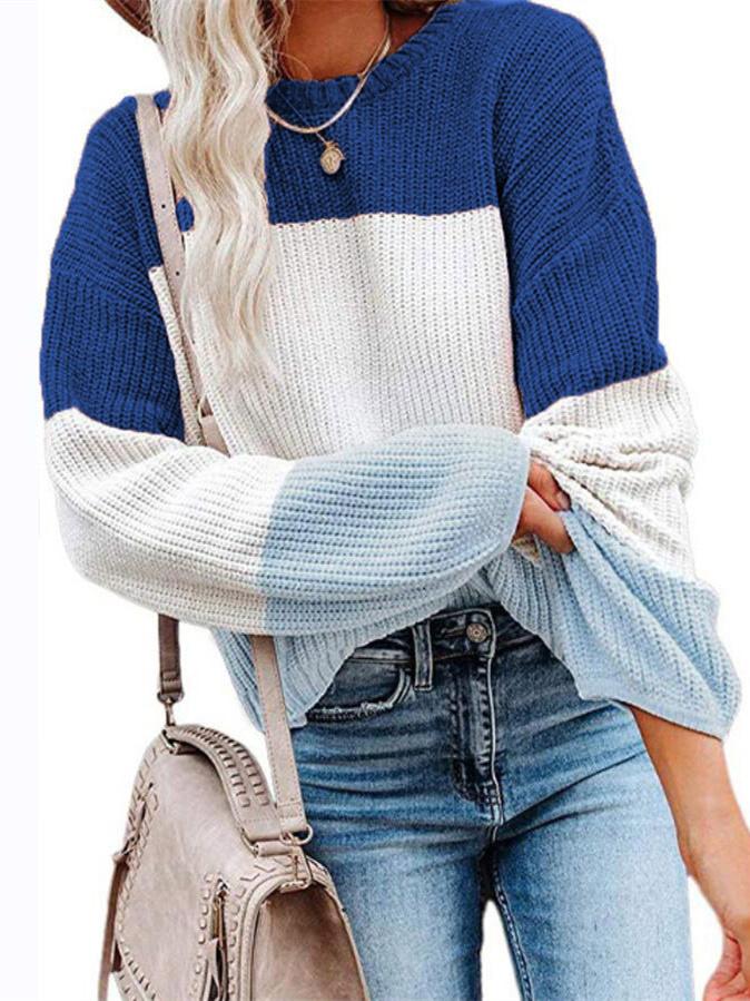 Women's Long Sleeve Scoop Neck Striped Stitching Sweater Top