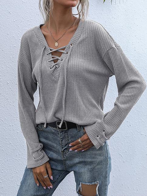 Women's Solid Color Long Sleeve V-neck Lace-Up Knit Top