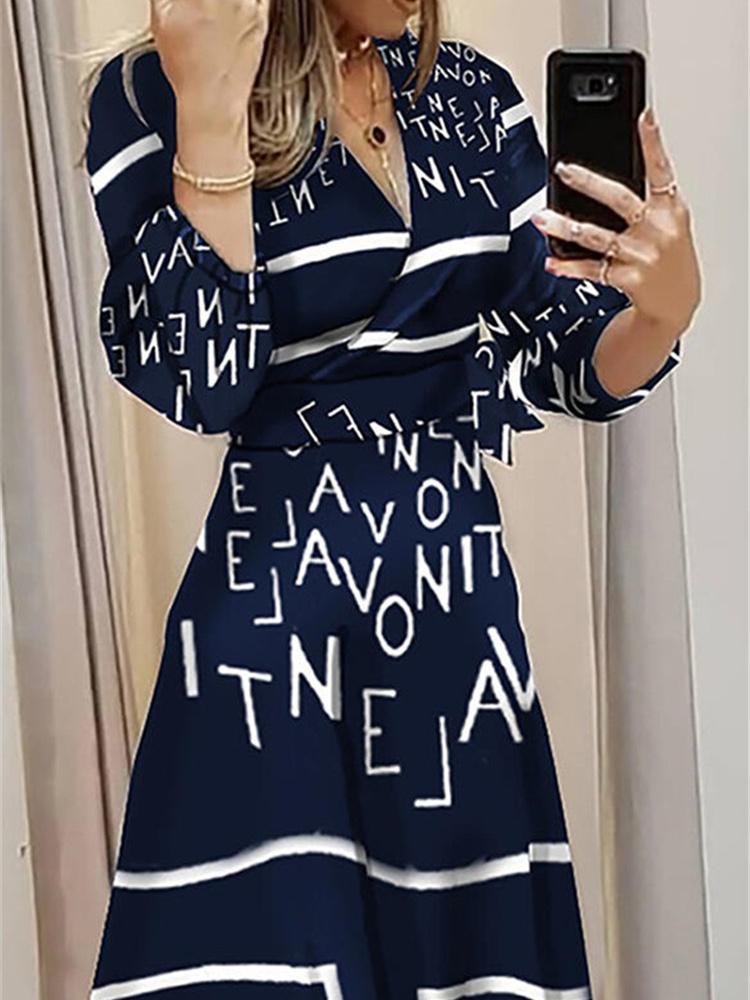 Women's Long Sleeve V-neck Striped Printed Maxi Dress