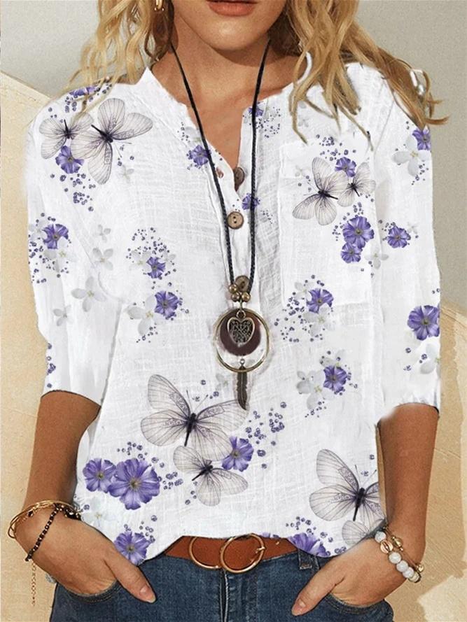 Women's 3/4 Sleeve V-neck Floral Printed Top