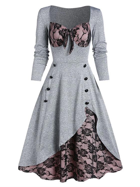 Women's Long Sleeve Square Collar Lace Stitching Midi Dress