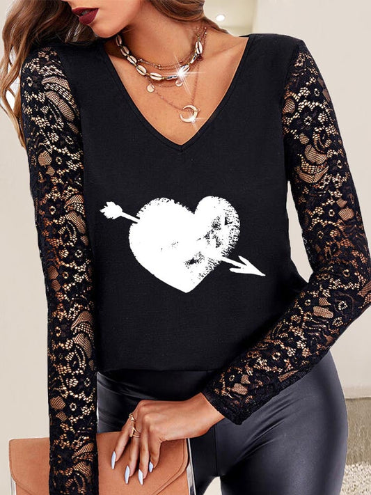 Women's V-neck Long Sleeve Lace Graphic Printed Stitching Top