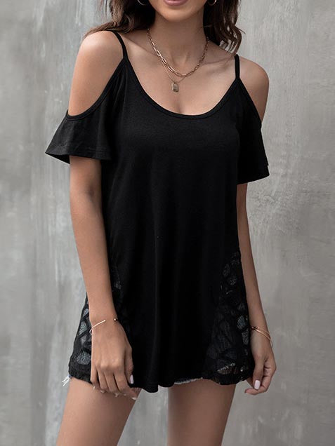 Women's Short Sleeve Cold Shoulder Lace Hollow Stitching Top