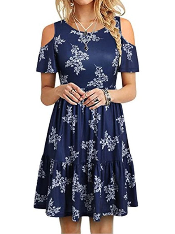 Women's Cold Shoulder Short Sleeve Floral Printed Midi Dress