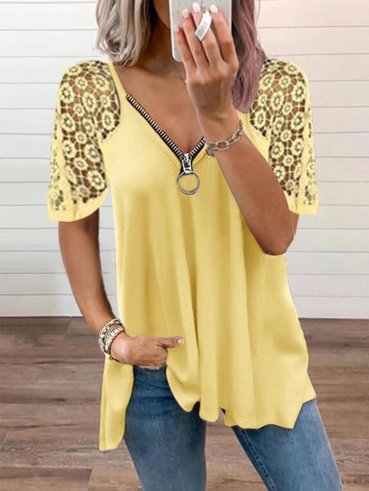 Women Short Sleeve V-neck Lace Nude Top