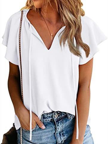 Women Short Sleeve V-neck Lace-up Top