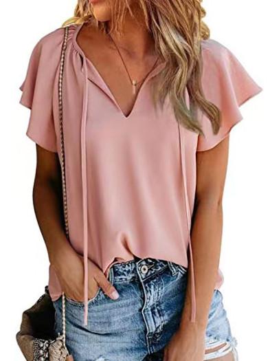 Women Short Sleeve V-neck Lace-up Top