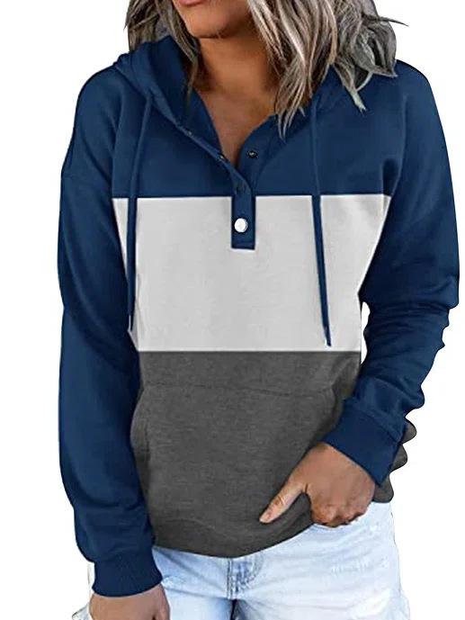 Women Long Sleeve Hooded Striped Stitching Top