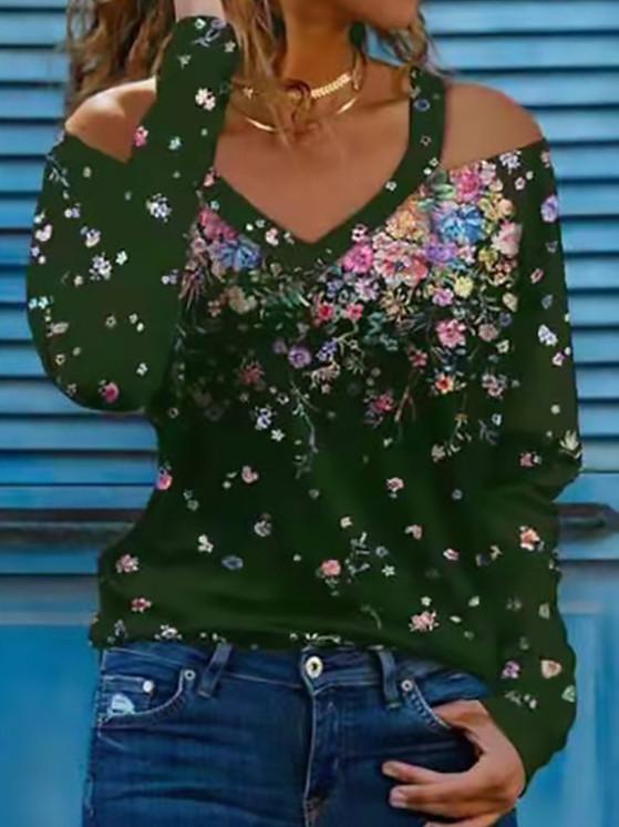 Women Long Sleeve V-neck Floral Printed Graphic Top
