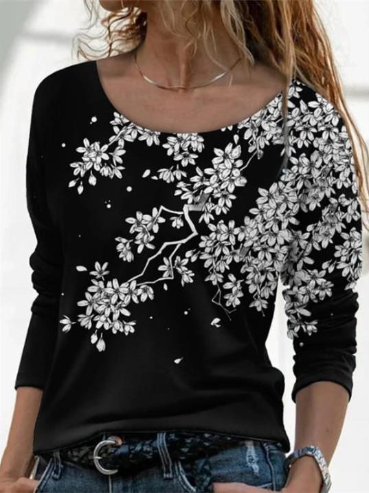 Women Long Sleeve Scoop Neck Floral Printed Graphic Top