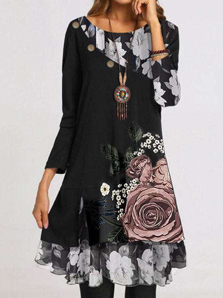 Women Long Sleeve Scoop Neck Floral Printed Graphic Dress