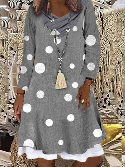 Women Long Sleeve Scoop Neck Polka Dot Button Dress
