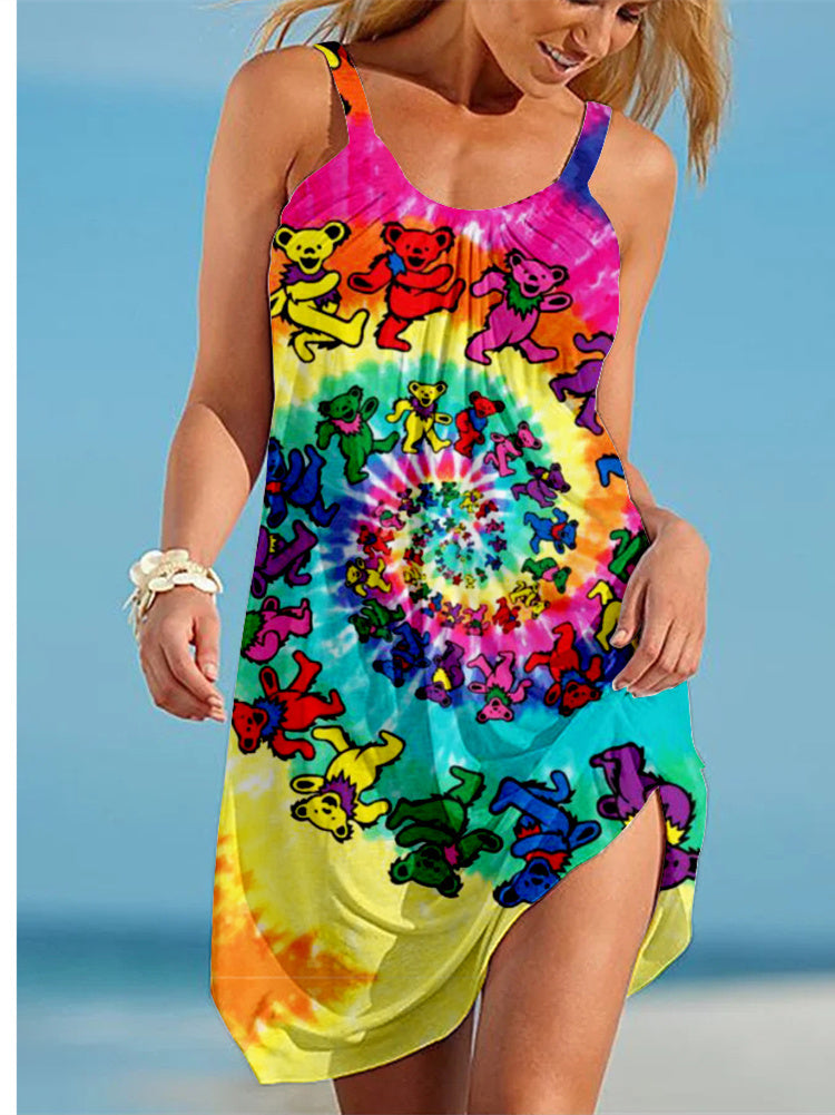 Women Sleeveless U-neck Printed Graphic Tie Dye Mini Dress