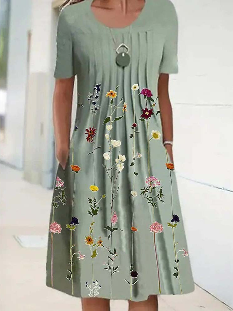 Women Short Sleeve Scoop Neck Floral Printed Graphic Midi Dress